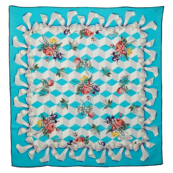 TIFFANY Accessories - Tiffany & Co. floral ribbon large scarf/muffler in blue silk for women.